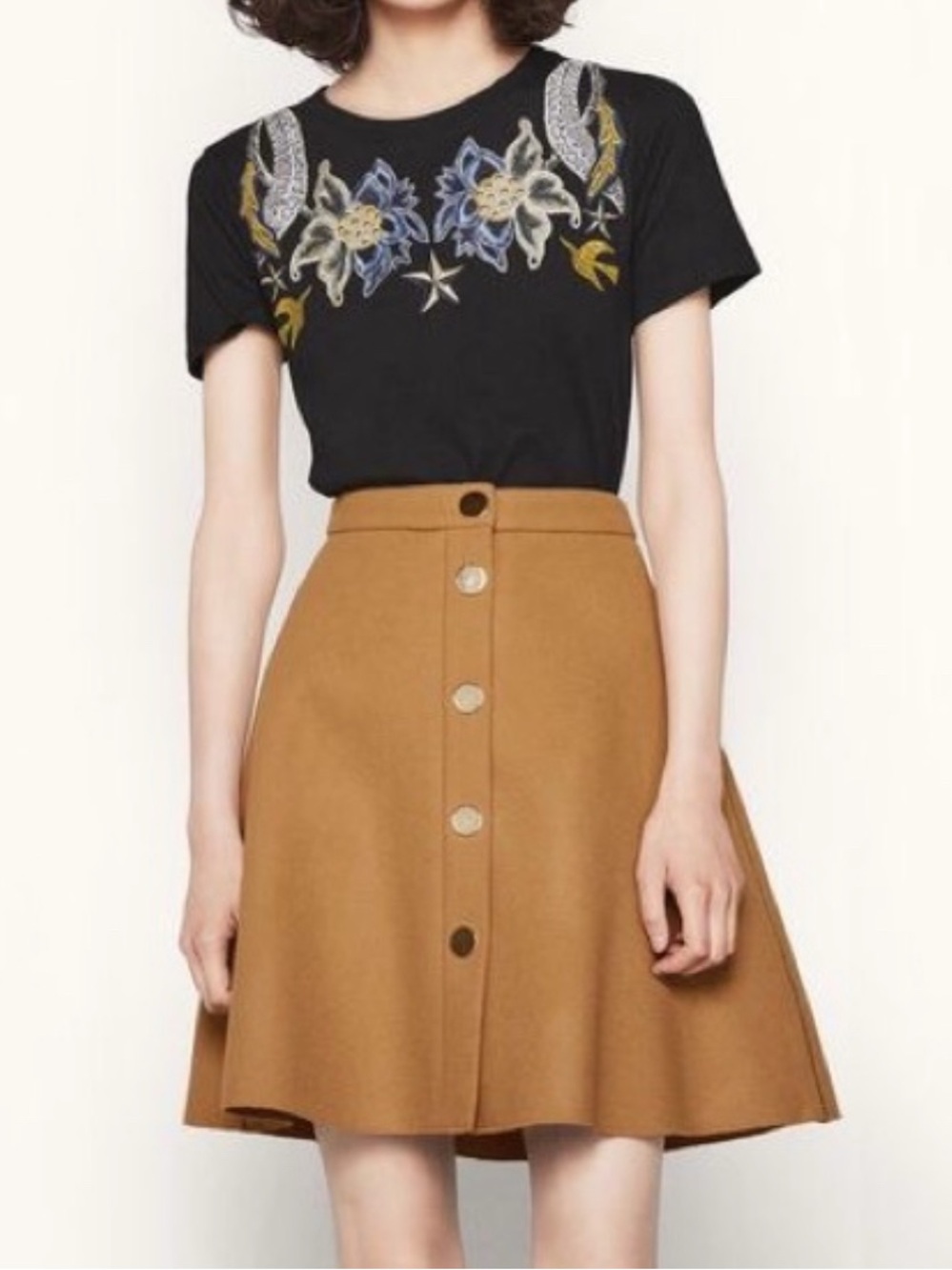 Maje Wool Trapeze Jupe Circular Skirt in Camel